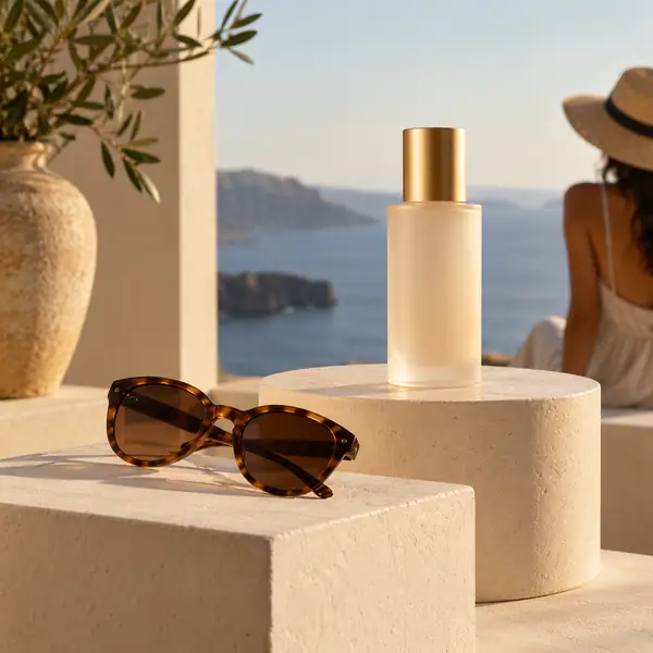 Fotografia minimalista e clean de óculos de sol e um frasco de cosmético sobre pedestais em tom creme, enquadramento quadrado.