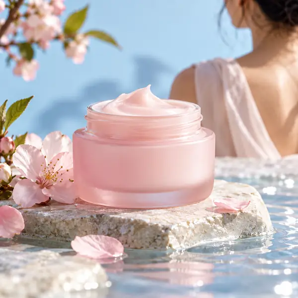 Fotografia de produto em estúdio de um pote de produto para cuidados com a pele em rosa pastel sobre um fundo azul-claro, iluminação comercial suave, enquadramento quadrado.